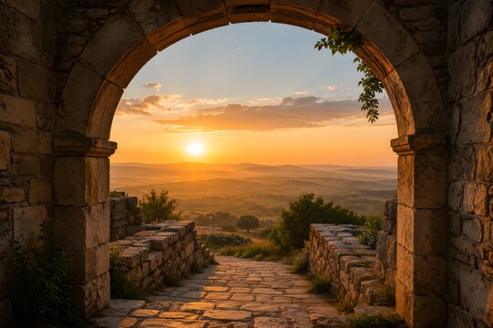 Ancient stone archway framing golden sunset over rural landscape with dirt path