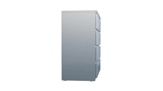 A clean 3D illustration of a modern white pedestal filing cabinet with four drawers, shown from a side perspective against a plain white backdrop. Perfect for office furniture catalogs, business organ