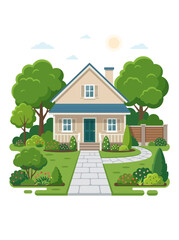 Naklejka premium Flat vector illustration of a cozy suburban house with a front garden, stone walkway, lush green trees, blooming flowers, and a blue gabled roof under a bright sunny sky.