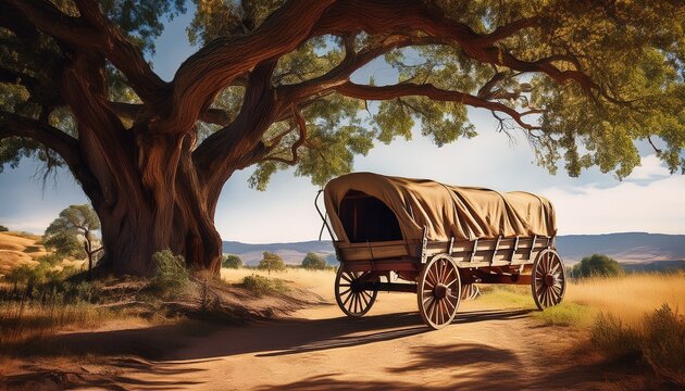 a weathered wooden covered wagon rests on a dirt path beneath the shade of a large gnarled tree