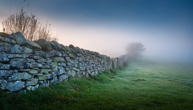 a misty landscape features a weathered stone wall bisecting a grassy field