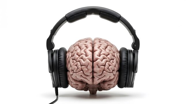 Human brain wearing professional studio headphones isolated on a white background representing mental health and audio therapy