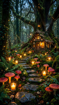 Magical forest cottage glowing during a peaceful holi day celebration