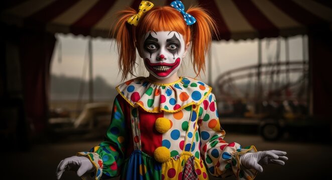Creepy clown costume with colorful polka dots and red hair.