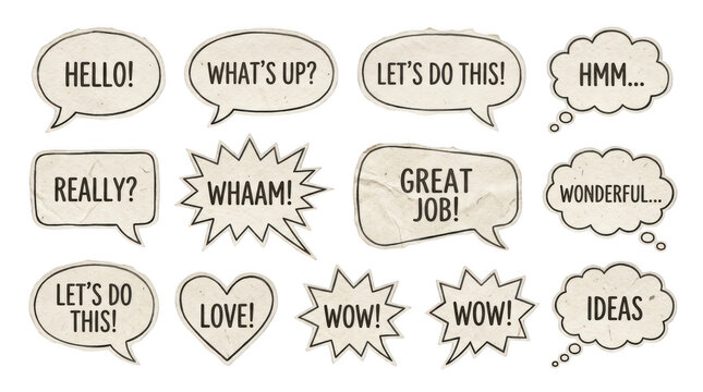 Set of handdrawn speech bubbles with various expressions isolated on transparent background