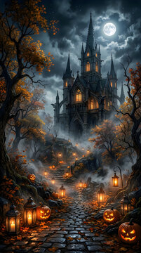 Spooky gothic castle path during a magical halloween holi day celebration