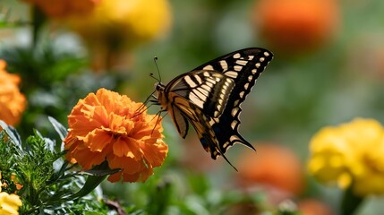 Obraz premium A swallowtail butterfly perches delicately on a vibrant orange marigold flower amidst lush green foliage
