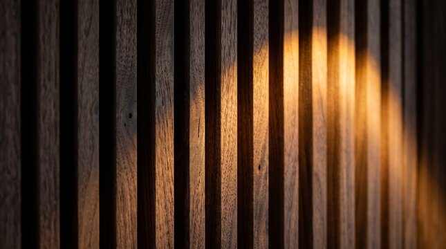 Modern fluted wood panel texture with warm spotlight, elegant dark timber wall background for luxury interior design, vertical wooden slats with soft golden lighting for premium branding. 