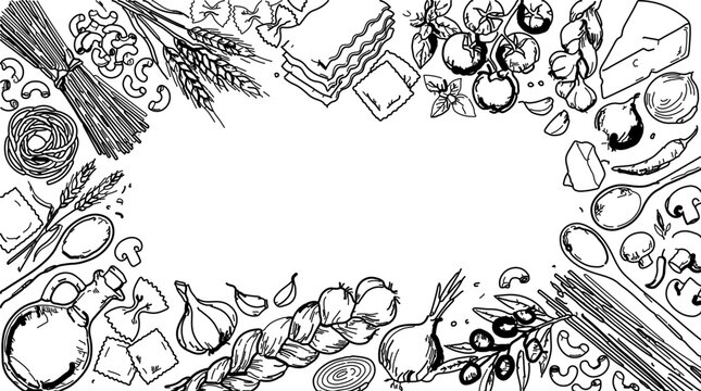 Italian Cuisine Pasta and Fresh Ingredients Sketch Frame with Hand Drawn Food Vector Illustration