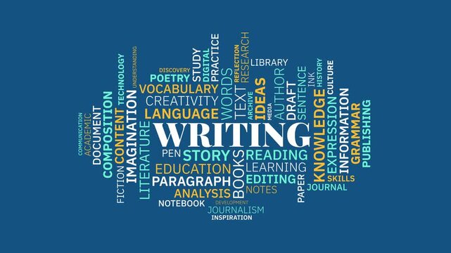 Animated Writing and Education Word Cloud Concept on Blue Background