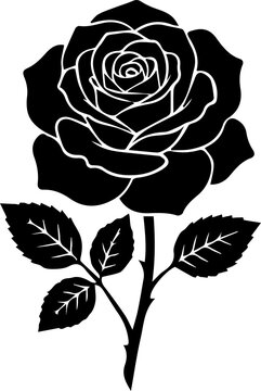 A black silhouette of a rose flower on a stem with multiple leaves.