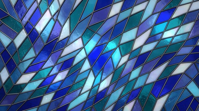 Intricate stained glass mosaic featuring vibrant shades of blue and white arranged in a dynamic flowing geometric diamond pattern design