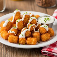 Fototapeta premium Crispy golden tater tots with creamy white sauce on plate.