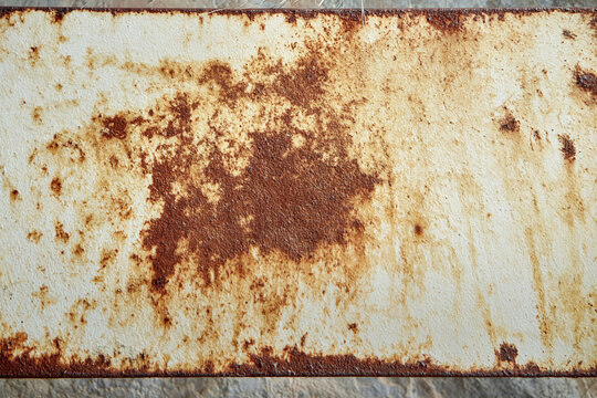 Rust stain on cream metal panel with textured brown corrosion and weathered surface creating abstract pattern