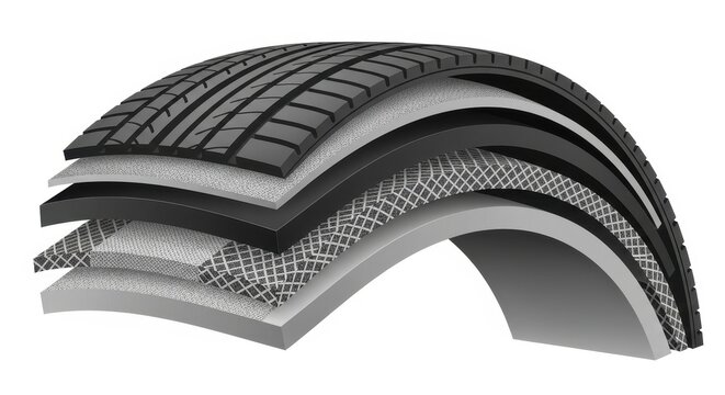 Cross section of a modern car tire with layers exposed.