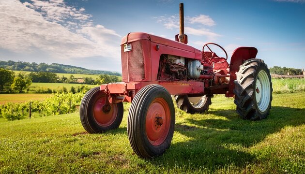 an old red farm tractor sits on a grassy patch