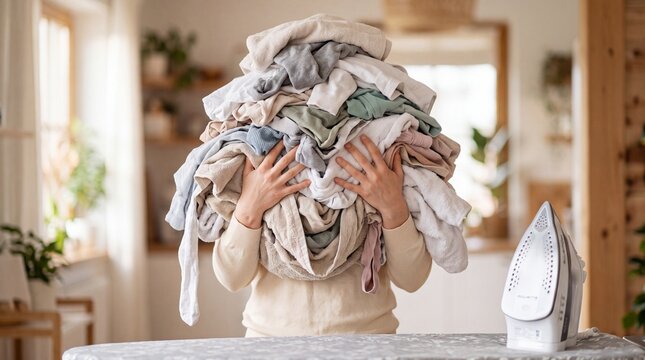 Overwhelmed person carrying a huge pile of laundry at home, chest-up mid-torso stock photo showing domestic chores and clutter
