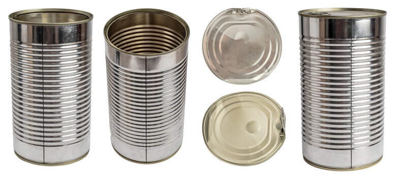 A collection set of various tall ribbed metal food cans and lids, including open containers, closed cans, and top/bottom perspectives, isolated on a transparent background.