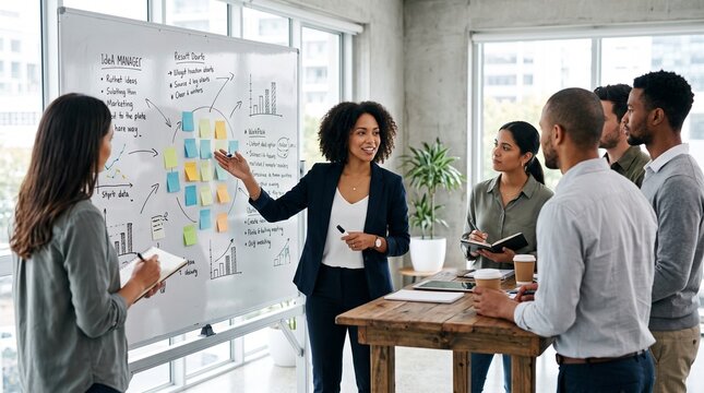 Diverse team collaborating on business strategy with a whiteboard presentation and sticky notes