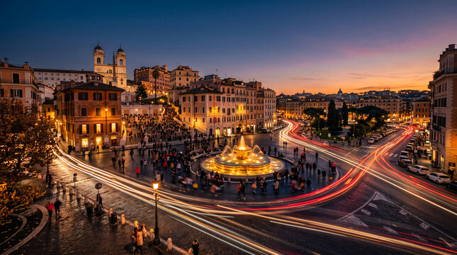 Piazza di Spagna fountain and Spanish Steps at twilight, Rome