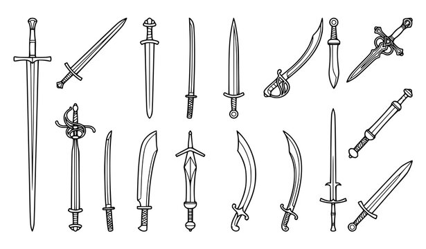 Sword outline icons in different views medieval saber and blade line art vector set