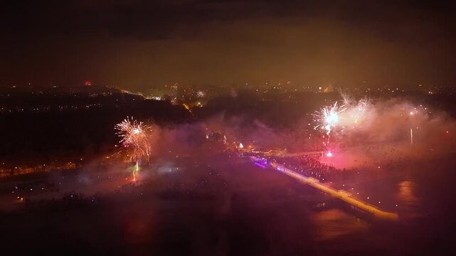 New Years fireworks display on the beach in Gdansk Brzezno, Poland