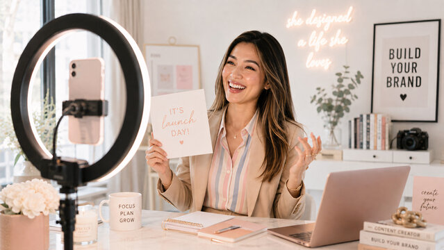 Woman creating online video content, demonstrating drawing on paper with ring light setup, laptop and inspirational quote neon sign in background