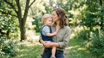 Fototapeta premium Mother kissing her toddler son on the forehead in a sunlit park surrounded by lush green trees and foliage