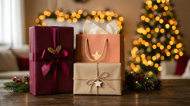 Beautiful gift boxes under christmas tree for a holi day celebration