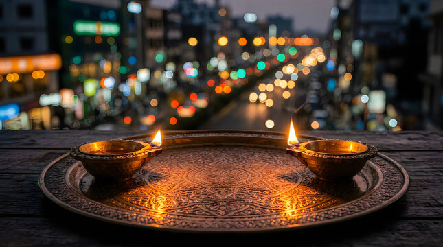 Traditional oil lamps celebrating a festive holi day in india