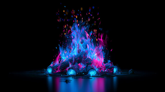 Abstract neon campfire with vibrant blue and pink flames and glowing embers rising against a dark black background, digital art illustration