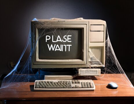 old computer on desk with cobwebs and please wait on screen