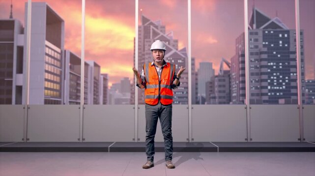 Full Body Of Wondering Asian Male Engineer With Safety Helmet Saying Why Working Doubtfully at Office with Panoramic City Skyline at Sunset