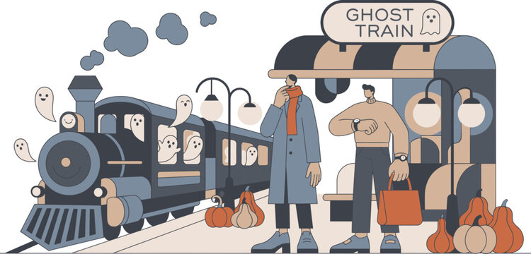 People waiting for a ghost train at a station with pumpkins in autumn.