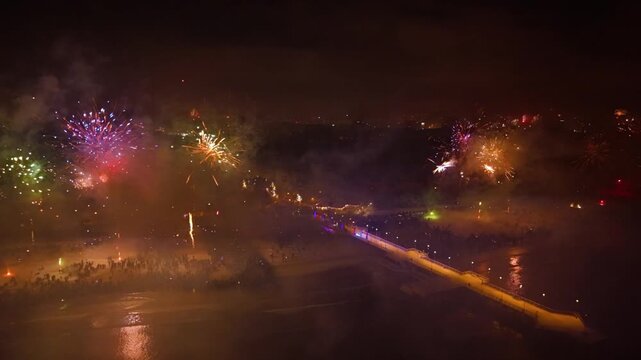 New Years fireworks display on the beach in Gdansk Brzezno, Poland