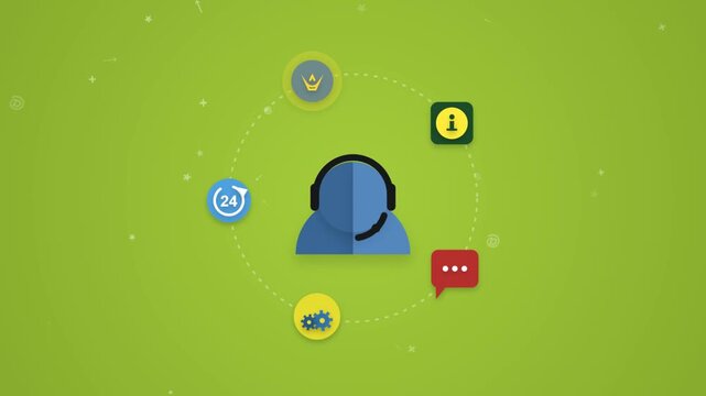 Customer service representative with multiple animated icons spinning around on green background.