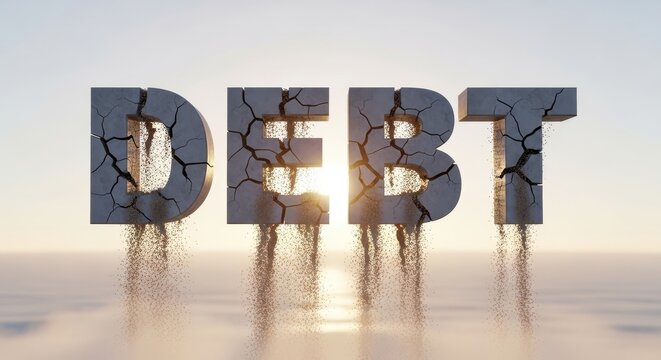 Cracked Debt Text Over Reflective Water Surface.