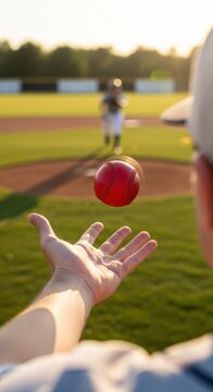 Cricket ball caught in hand during outdoor match.