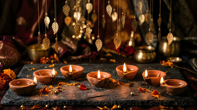 Traditional clay lamps glowing during a beautiful holi day celebration