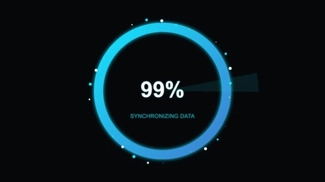 Futuristic Circular Progress Bar Indicating 99% Data Synchronization with Neon Blue Glowing Ring and Digital Particles on a Dark Background