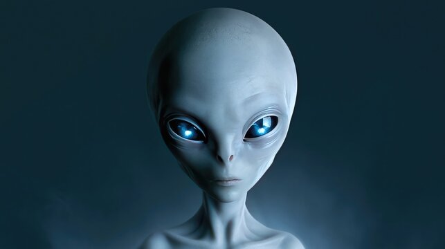 Curiosity about artificial intelligence and extraterrestrial life with a humanoid alien portrait featuring glowing blue eyes