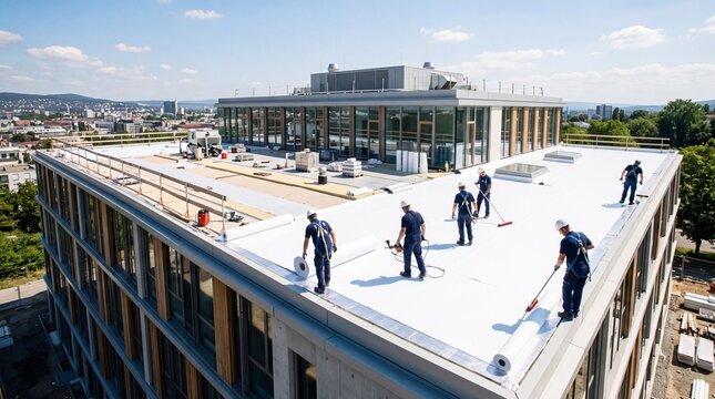 Professional roofers installing white waterproof membrane on commercial building. Construction workers applying flat roof insulation and sealing.