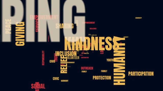 3D flythrough loop of glowing words about social values, empathy, and 