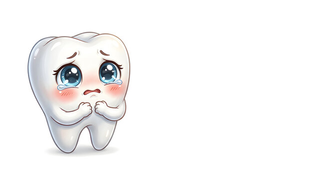 A cute emotional cartoon tooth with enormous watery sparkling eyes, trembling lower lip, rosy cheeks and a tender slightly sad expression, tiny arms held close to its body, soft glossy white enamel, 