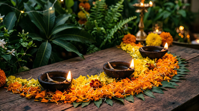 Beautiful traditional oil lamps decorated for a festive holi day celebration