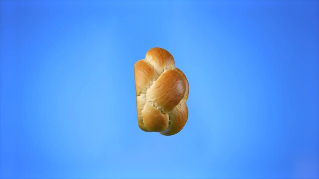 challah bread, braided bread, loaf of bread, bakery product, golden brown crust, traditional baking, homemade pastry, fresh loaf, isolated object, blue background, solid backdrop, color background, 3d