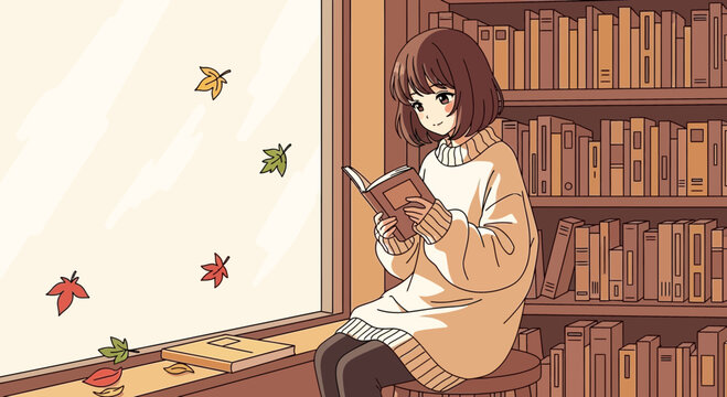 Young woman reading a book in cozy library setting.