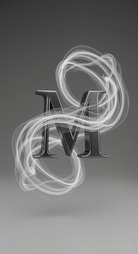 A stylized metallic letter M enveloped in swirling ethereal smoke on a gray background.