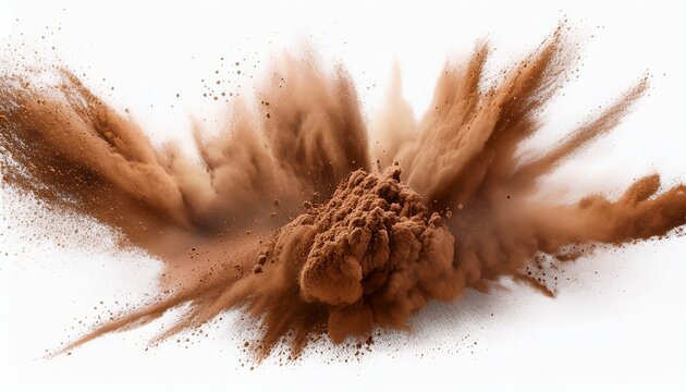 brown dust exploding in the mid air isolated on white background