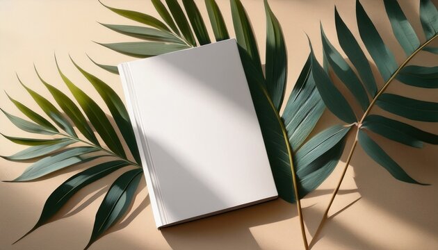 clean blank white book mockup with tropical leaf shadows on beige